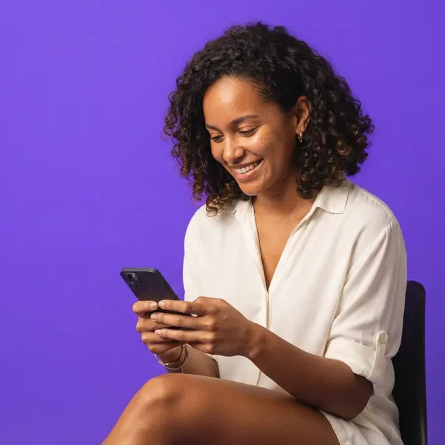 Empreendedora sorrindo enquanto usa o celular